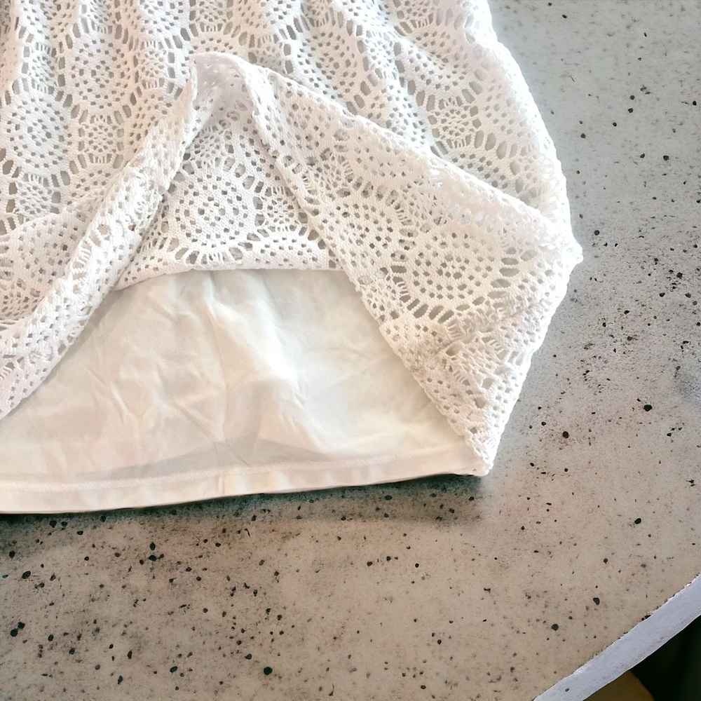 Pretty White Sundress. Crochet and fully lined. Pool. Beach. Swimsuit cover-up🤍 - Picture 5 of 16